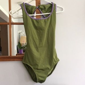 Olive Green and Lavender Piping Open Back Leotard